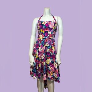 Vintage Betsey Johnson multi-floral halter top flowy dress